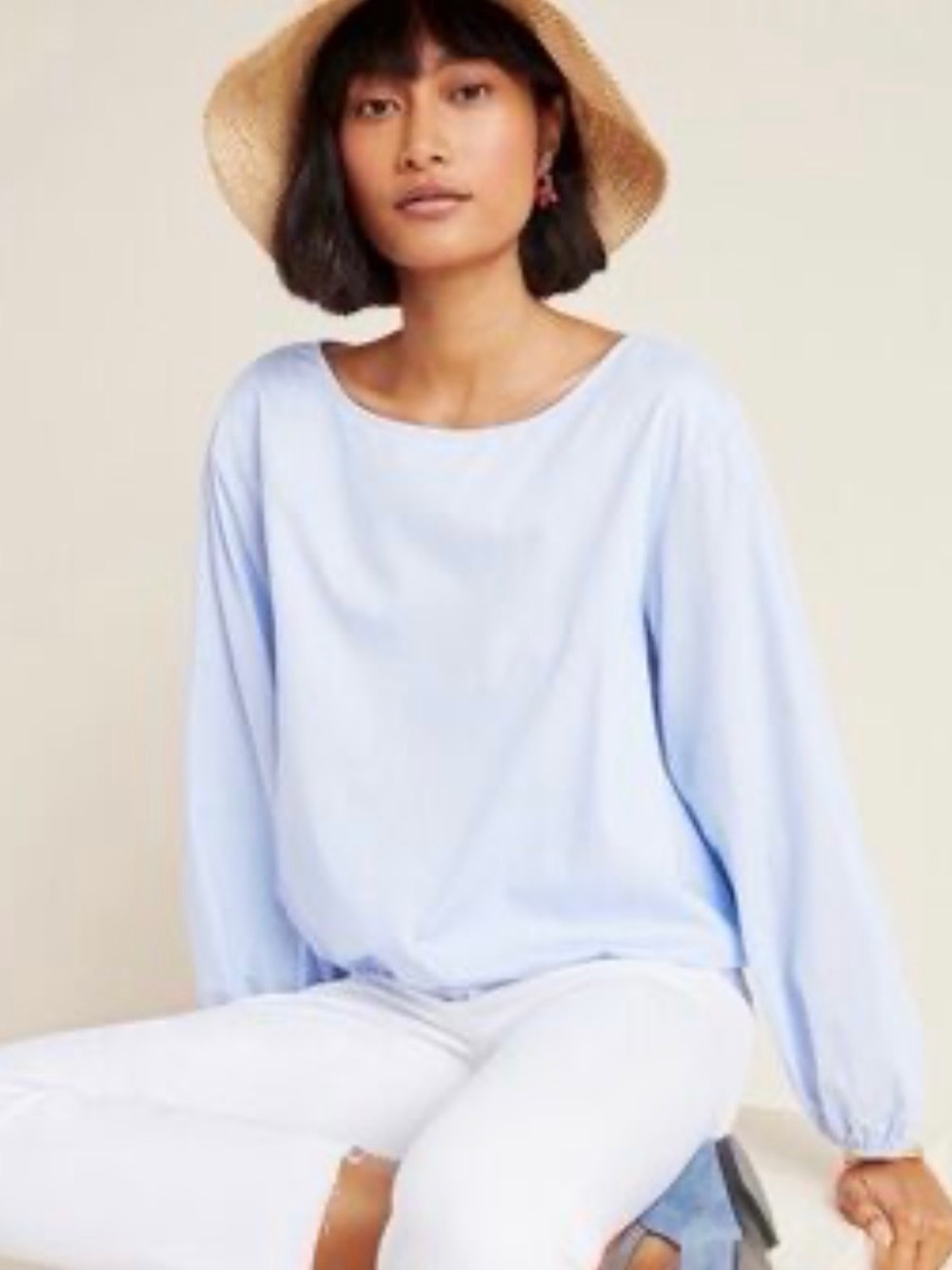 MAEVE for ANTHROPOLOGIE Light Blue Long-Sleeve Women's Top - Classic Scoop Neck